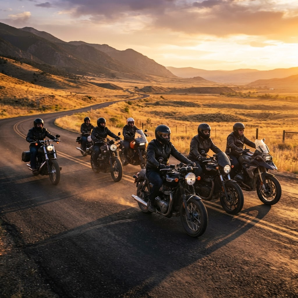Grupo de motociclistas recorriendo juntos una carretera