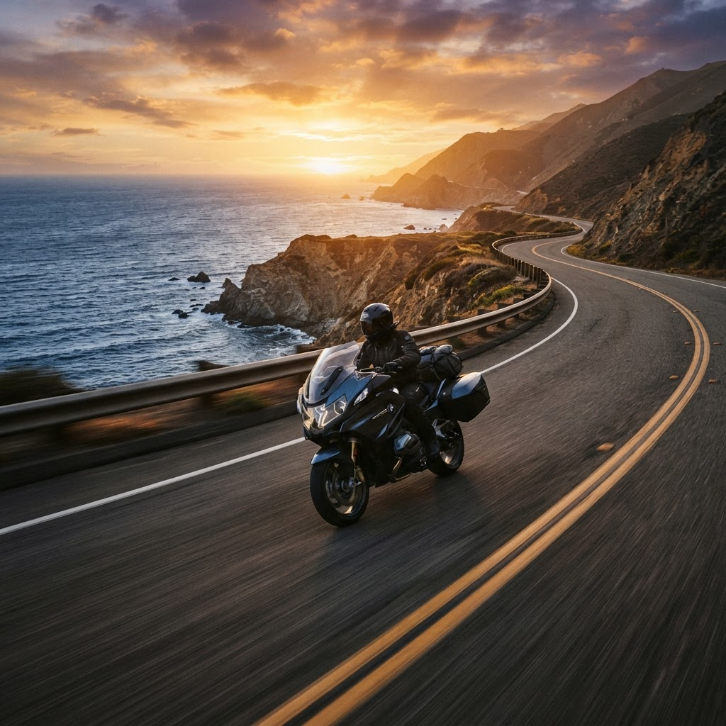 Motociclista recorriendo una carretera al atardecer