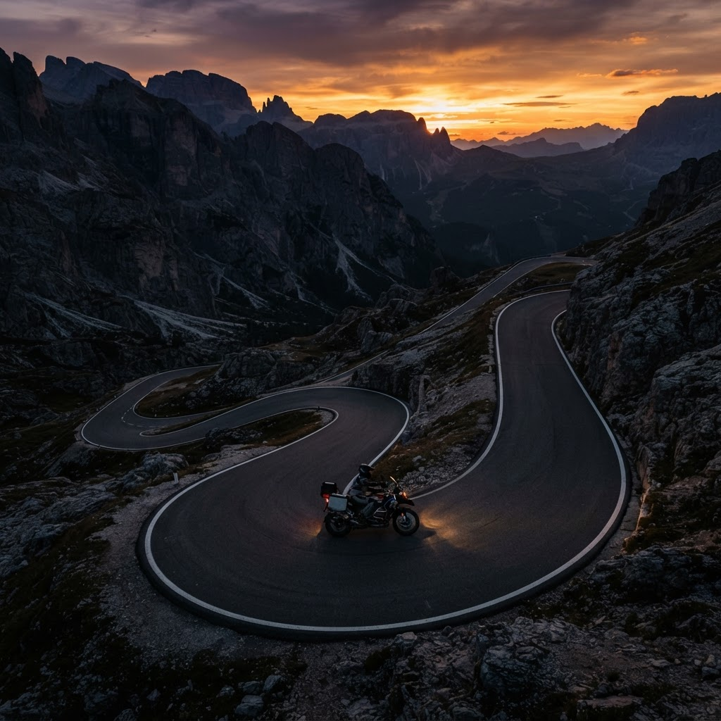 Carretera de montaña sinuosa recorrida por una motocicleta al atardecer