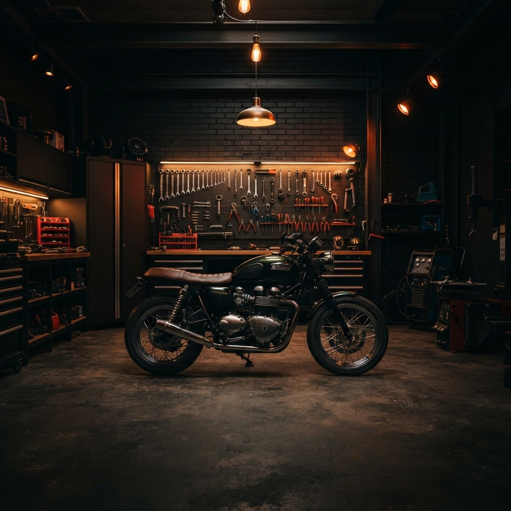 Motocicleta en un taller de reparación profesional